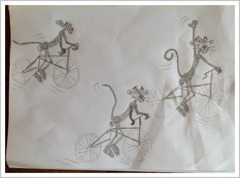 Henneke's drawings of Pink Panther on a bike