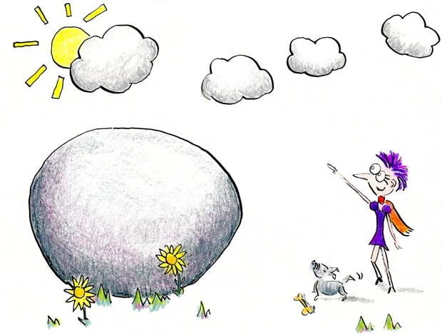 As Henrietta steps back from the boulder, she sees the sun shining behind the clouds