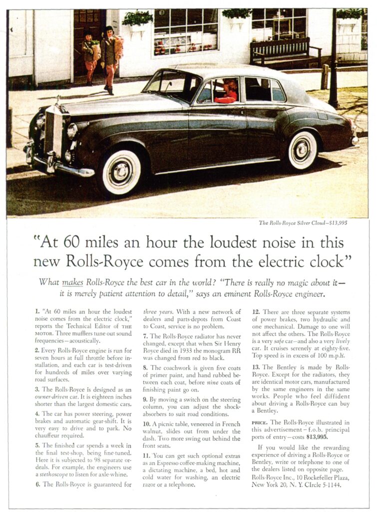 The famous Rolls Royce advert from 1958, written by David Ogilvy